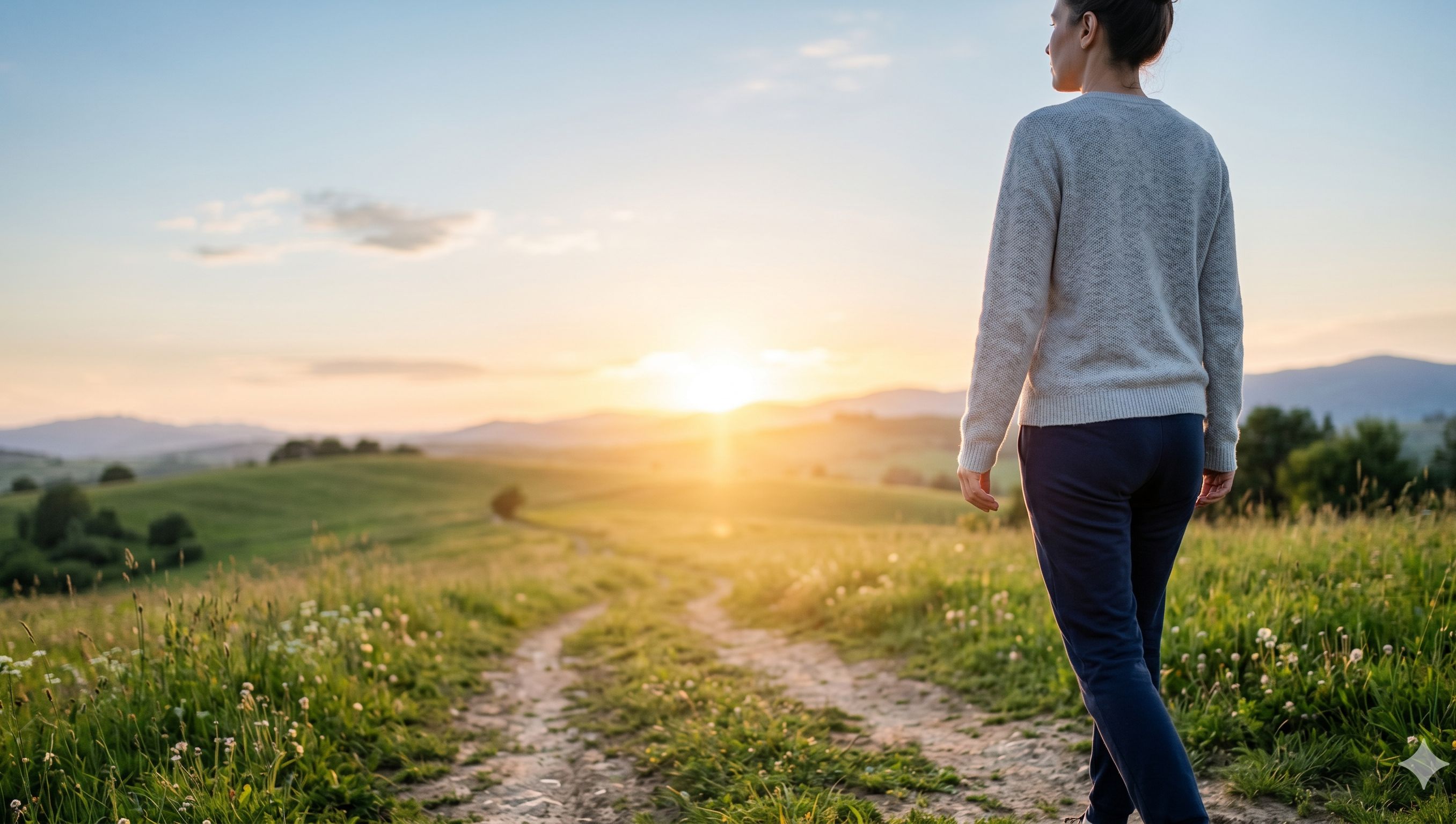 A woman seen from behind walking on a peaceful dirt path through a green field toward a bright sunrise, symbolizing hope, healing, and moving forward after the trauma of a bad surgery.