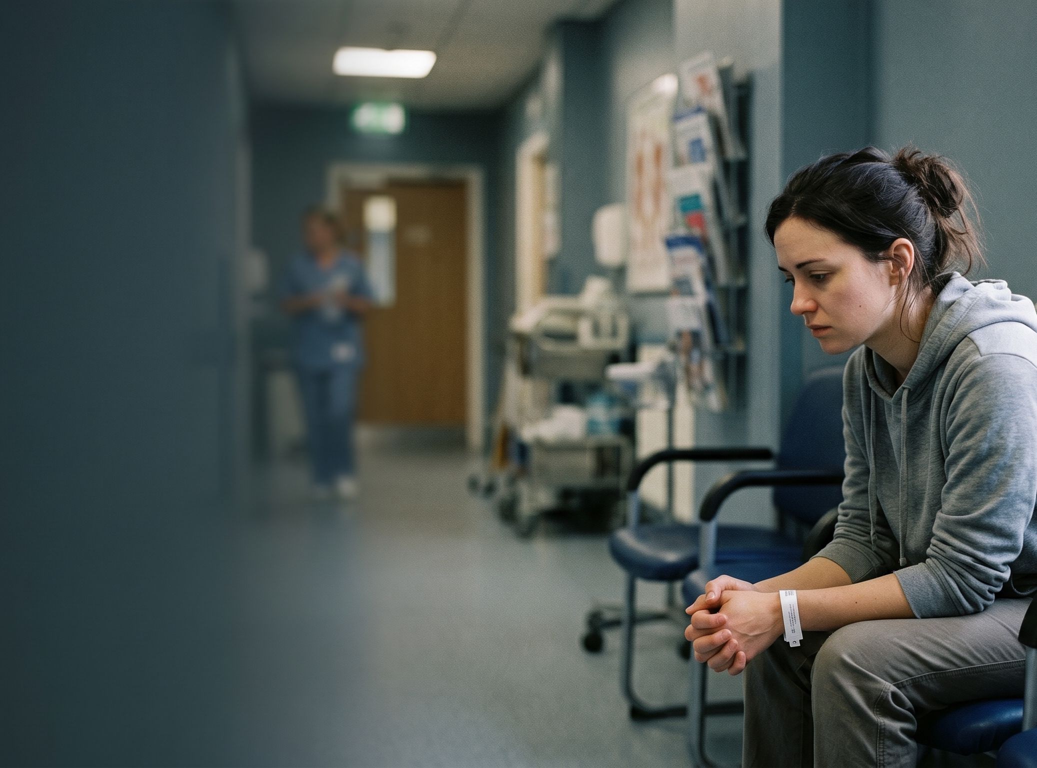 A thoughtful, anxious patient sitting in a medical waiting room with clasped hands, representing someone experiencing pre-surgery doubts before an aesthetic procedure.