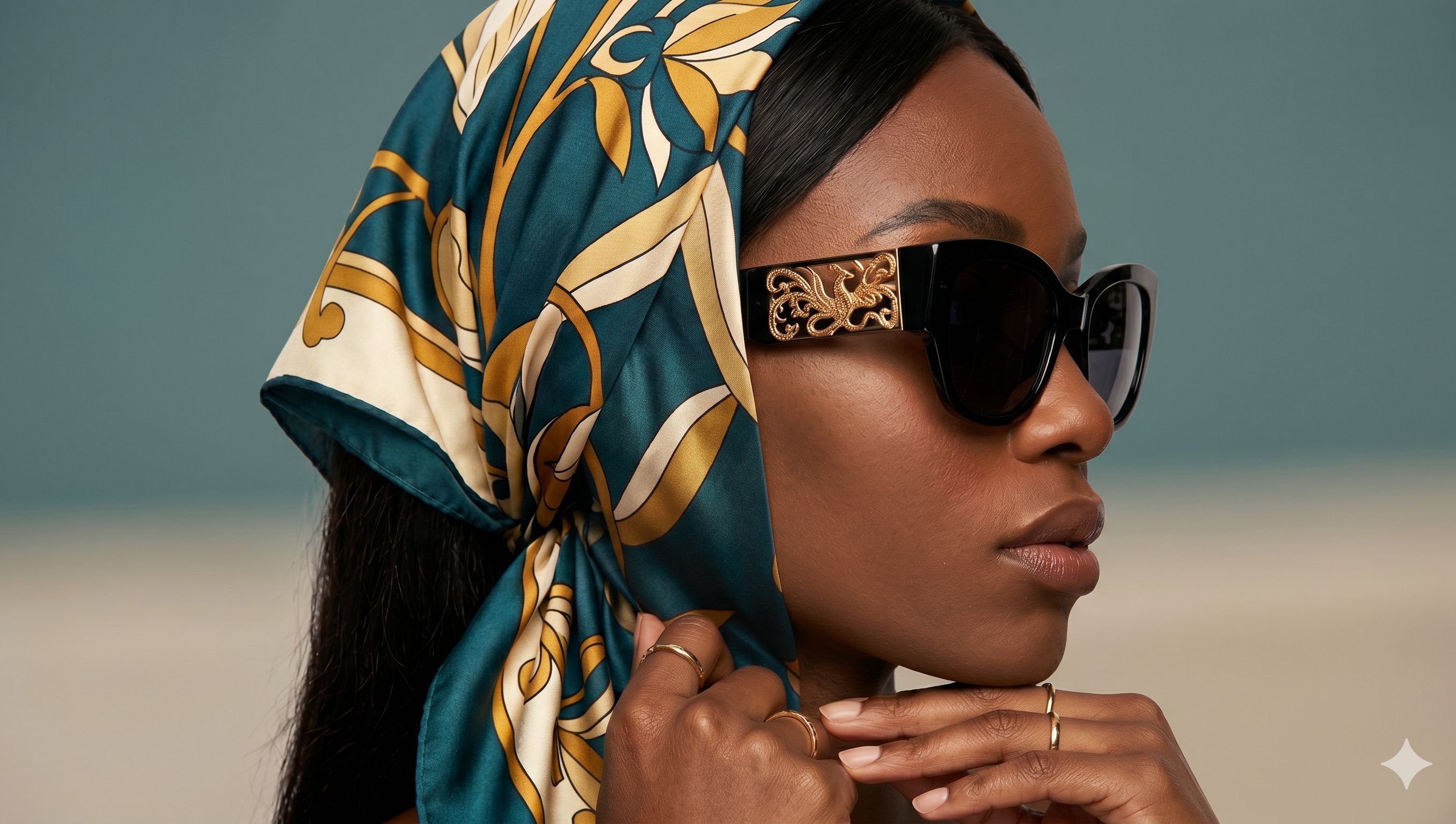 Woman hiding facelift scars and pixie ears with a silk scarf and oversized sunglasses.