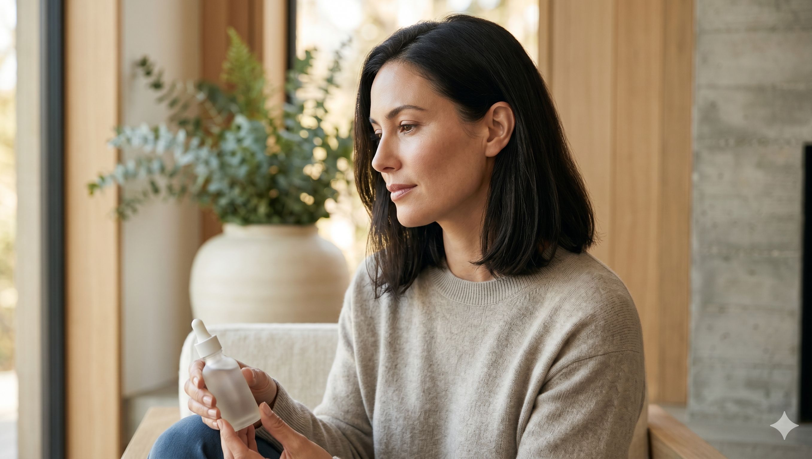 A sophisticated, horizontal photograph captures a woman in her late 30s with flawless, natural-looking skin and dark shoulder-length hair. She is seated comfortably in a sunlit contemporary room with warm wood paneling. She is wearing an oatmeal-colored knit sweater. Her left hand holds a plain, frosted glass serum dropper bottle, and she is gazing thoughtfully at it, her head slightly turned in profile. The background features blurred green eucalyptus leaves and soft, natural light, conveying a calm and contemplative mood. There is no text on the image.