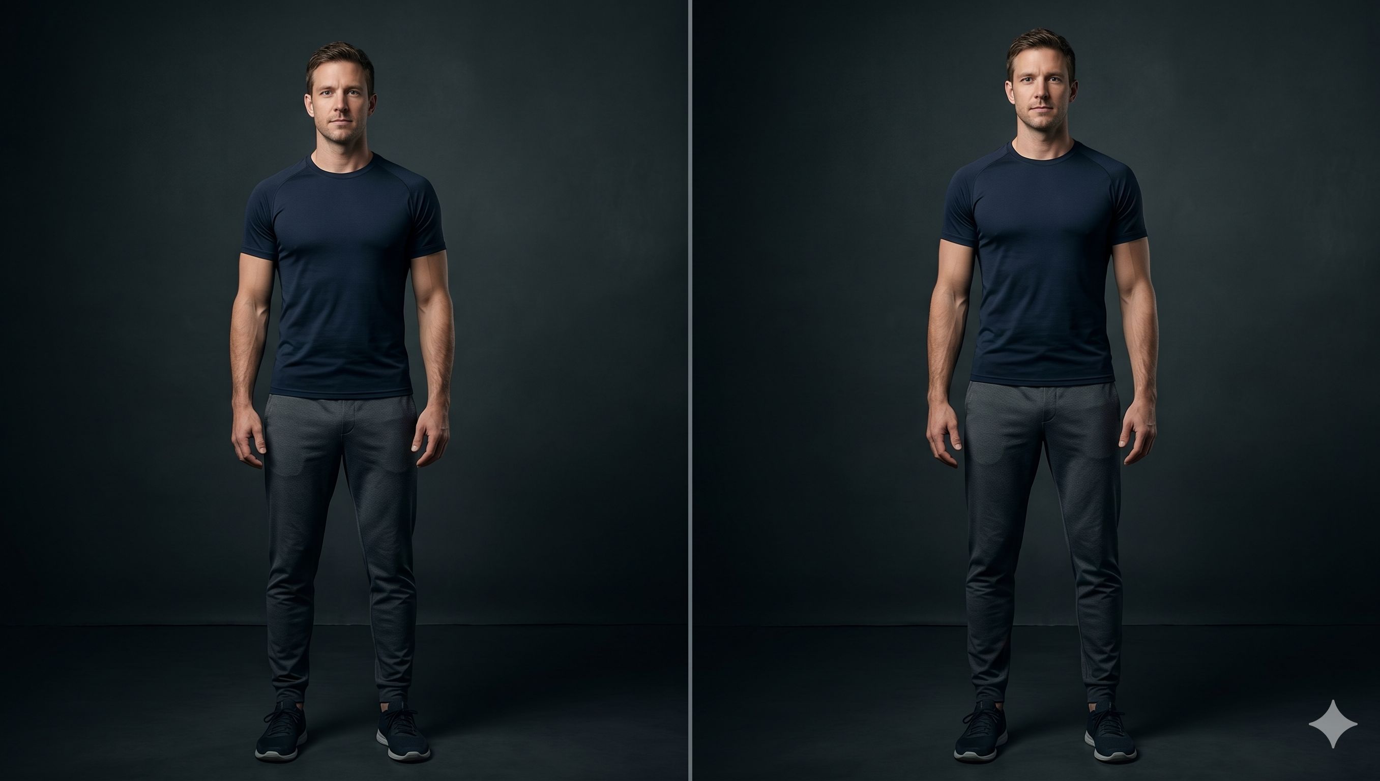A horizontal side-by-side photographic diptych comparing the same fit male in a dark navy t-shirt and grey joggers, standing against a dark minimal studio background. The left panel shows his original natural proportions. The right panel shows the same male with a simulated aesthetic transformation, illustrating his arms and legs as extended or lengthened by approximately 6 inches while maintaining realistic proportions. His overall height relative to the frame does not change, but his limbs appear longer-limbed, with his arms reaching further down his thighs, while his torso, head, shoulders, and trunk remain entirely unchanged. The composition focuses strictly on silhouette and posture without any medical imagery, text, or captions.