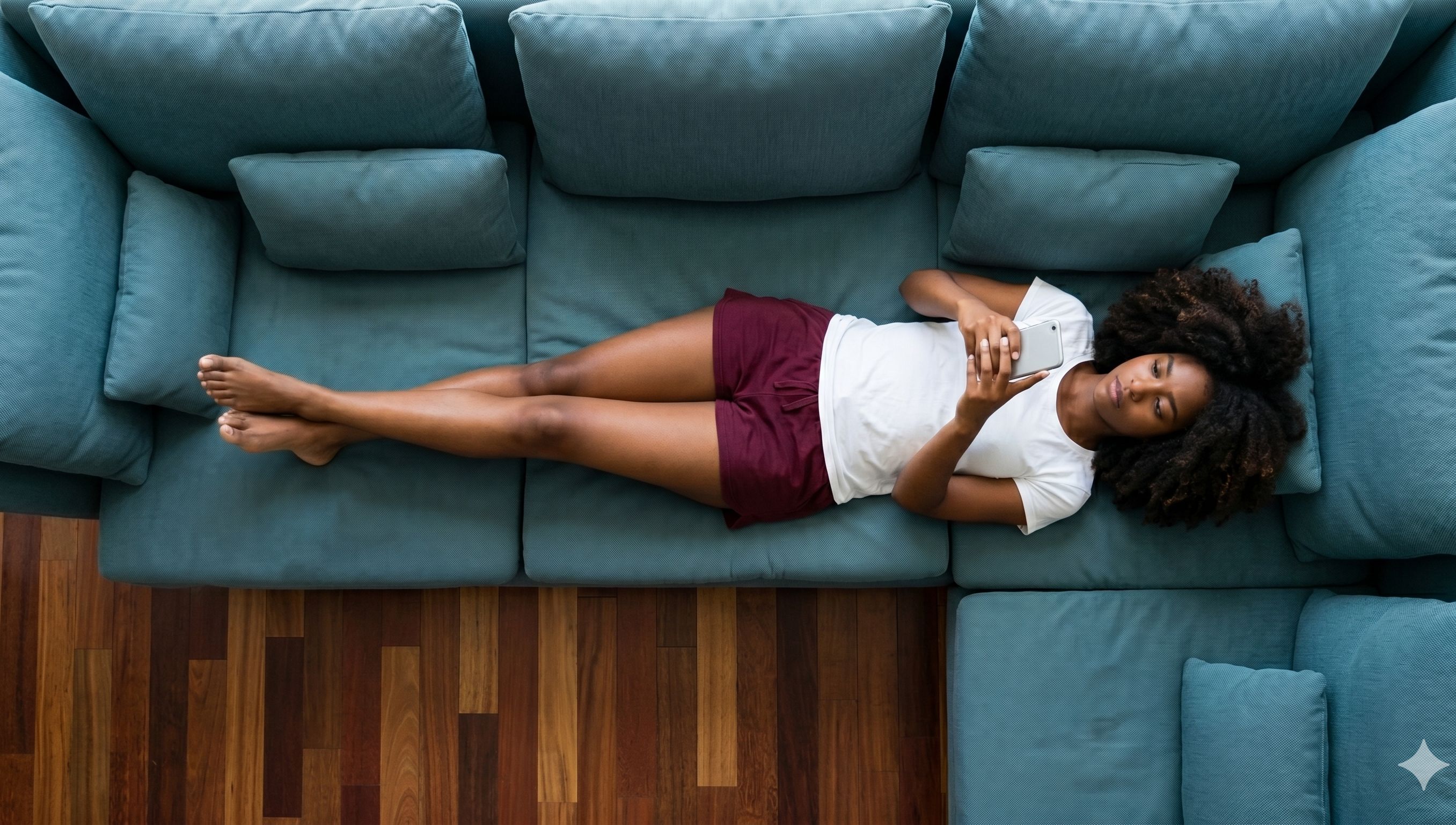 Top-down view of a focused woman lying on a teal sofa, carefully researching healthcare providers and patient reviews on her smartphone.